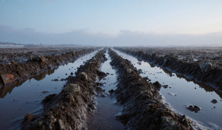 Dusk reveals water-filled furrows in a freshly plowed field, creating a serene scene of nature preparing for the day ahead.の写真素材