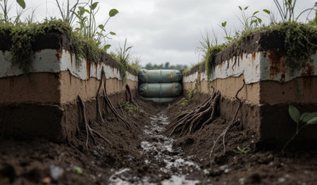 Close view of soil layers and plant roots in an innovative agricultural setup designed for better crop growth and sustainability.の写真素材