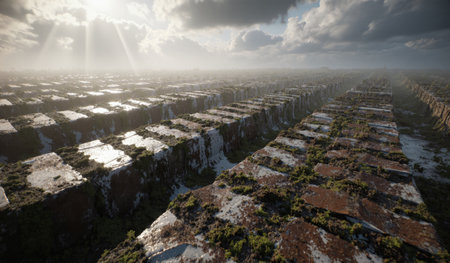 Lush green patches emerge between worn stone blocks under a bright sky, creating a stunning, serene landscape at sunset.の写真素材