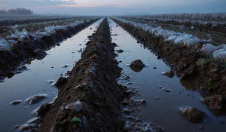 Fields with narrow rows filled with pooled water after a heavy rain. The sky is cloudy, indicating a cool evening atmosphere.の写真素材