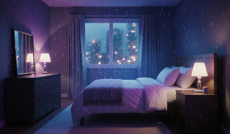 A cozy bedroom features a large window with rain falling outside, creating a peaceful atmosphere with soft lighting.の写真素材