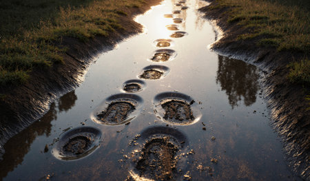 Footprints create patterns in the shallow water along a muddy trail at sunset, reflecting the day's...