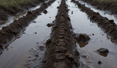 Fresh mud tracks stretch across a rural field, reflecting water from recent rain, creating a natural, textured landscape.の写真素材