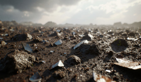Pieces of glass are spread over a muddy ground under a cloudy sky. The terrain looks rough and barren.の写真素材