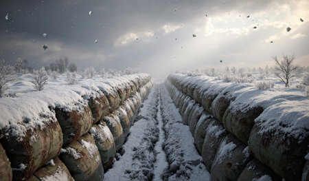 A cold winter scene shows a trench surrounded by snow, with trees in the distance and dark clouds overhead.の写真素材