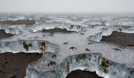 Beautiful ice shapes emerge from the ground in a foggy setting, showcasing intricate details and a mysterious atmosphere.の写真素材