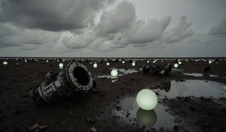 Rusted machinery lies on the ground as glowing spheres reflect in puddles during a cloudy twilight.の写真素材