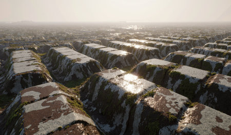 Morning light illuminates the wet, textured fields, creating a serene and peaceful atmosphere in a rural landscape.の写真素材