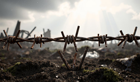 Barbed wire stands tall in a barren field under dark clouds, hinting at past conflict and destruction in the area.の写真素材