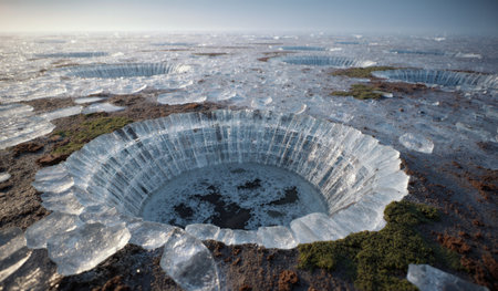 Circular ice structures emerge from the frozen ground, highlighting the unique natural formations in...