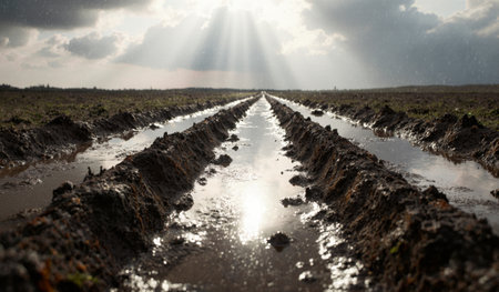 Sunlight shines through clouds illuminating muddy farming rows after rain, creating a serene and reflective landscape.の写真素材