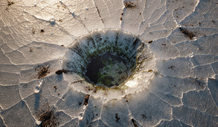 A large circular crater filled with dark water is surrounded by cracked ice. The scene is captured...