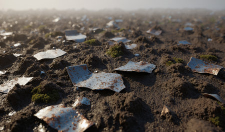 Pieces of shiny metal lie among earthy soil and green moss. The ground appears damp and fog...