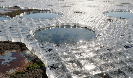 A unique frozen terrain featuring circular ice formations with clear reflections. The environment...