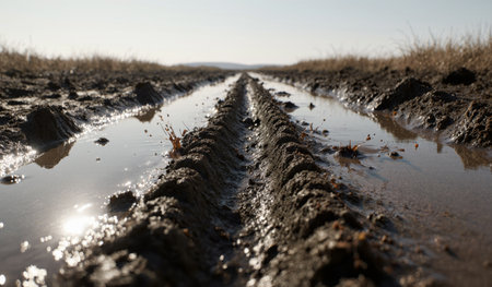 Ruts filled with water from vehicles traveling through a field during daytime. The sun shines on mud and grass in the background.の写真素材