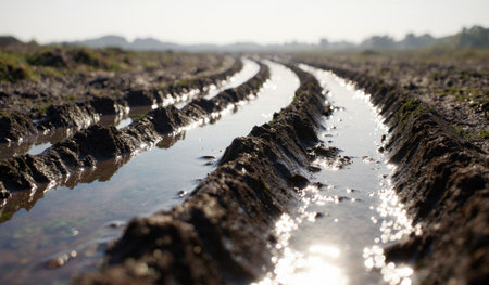 Tire tracks filled with water stretch across a muddy field under a clear sky, reflecting sunlight in the distance.の写真素材