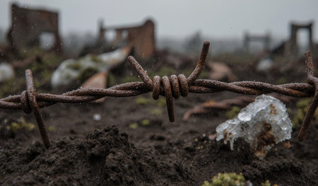 Barbed wire stretches across a barren field, surrounded by muddy earth and remnants of a forgotten area on a foggy day.の写真素材