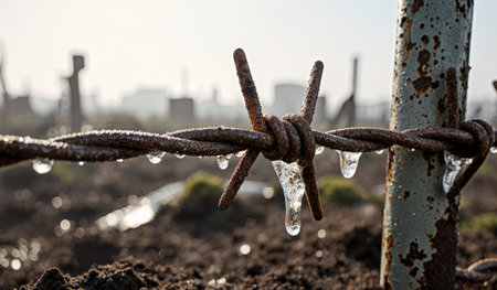 Frozen droplets hang from rusty barbed wire in a misty field, capturing the cold beauty of the...