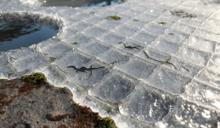 Small insects are visible on an icy surface beside a calm water body, showing patterns in the ice and surrounding nature.の写真素材