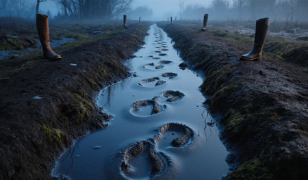 Boot prints in shallow water fade into a foggy landscape, with tall trees adding an eerie yet serene vibe.の写真素材