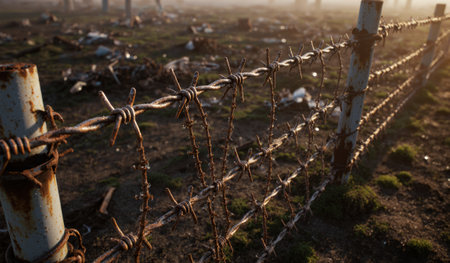 A rusty barbed wire fence stands in a desolate field during sunset, surrounded by debris and fading daylight.の写真素材