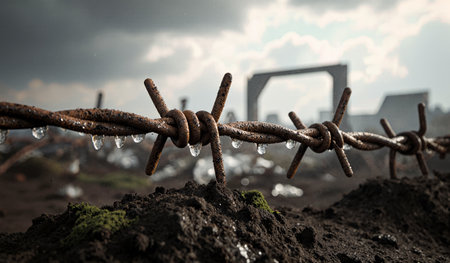 Rusty barbed wire lies on muddy ground with rain droplets glistening as the sky remains overcast and dark, creating a somber mood.の写真素材