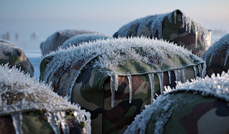 Frosty camouflage equipment is lined up in a snowy landscape under a bright sky, showcasing the harsh winter conditions.の写真素材