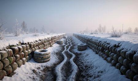 A trench lined with tires is surrounded by snow and frost-covered trees in a serene winter setting during early morning light.の写真素材