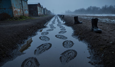 Boots are placed beside muddy footprints along a wet path near rundown structures in a gloomy, overcast setting.の写真素材