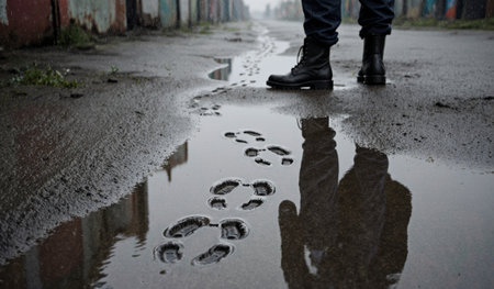 Reflective puddles show boots and footprints in a quiet, damp alley during early evening. The scene evokes solitude.の写真素材