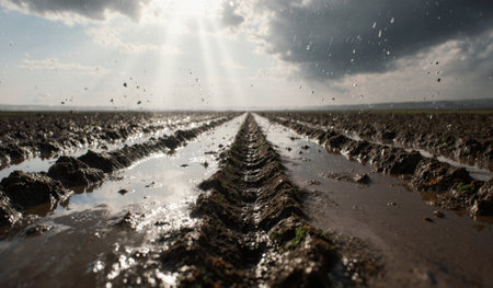 Raindrops fall on a newly plowed field, forming small pools of water in the tractor furrows under...