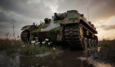 An old tank rests in a muddy field, covered with moss and surrounded by wildflowers against a cloudy sky at dusk.の写真素材