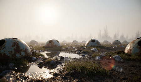 Foggy morning reveals a strange landscape dotted with rusty, dome-shaped structures nestled among...