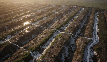 Rows of farm fields with flowing water channels reflect the warm glow of sunset while crops grow in the fertile soil.の写真素材