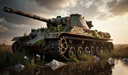 A rusted tank sits in a field, covered in grass and flowers, under a cloudy sky during the late...