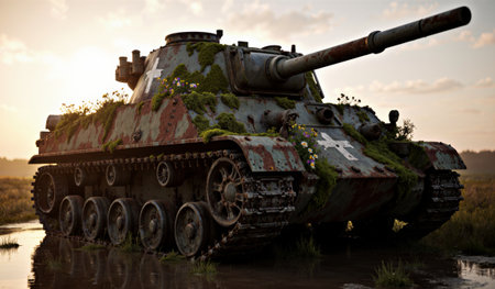 A tank covered in grass and flowers sits in a sunny field at dusk, showcasing the beauty of nature...