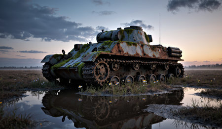 A weathered tank sits quietly in a marshy field as the sun sets, surrounded by tall grass and a calm reflection in the water.の写真素材