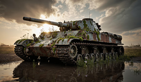 An old tank covered in moss and wildflowers sits in a field at sunset. The sky is partly cloudy.