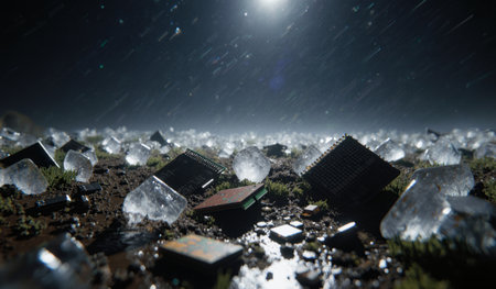 Electronics and circuit boards scattered on wet ground with ice cubes, illuminated by soft light on a rainy night.の写真素材