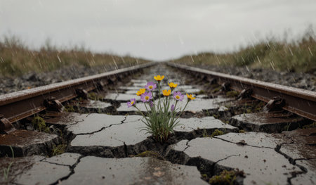 Bright wildflowers bloom in the cracks of old railroad tracks as rain falls on a gray day, showcasing nature's resilience.の写真素材