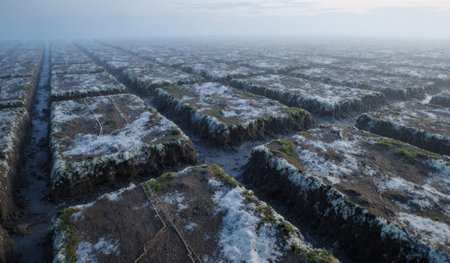 Salt pans stretch across the frozen ground, blanketed by snow in a chilly morning light. The scene is peaceful and misty.の写真素材