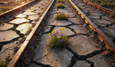 Colorful flowers emerge from cracked railway tracks during sunset, showcasing nature's resilience in...