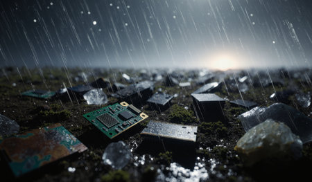 Wet computer chips and circuit boards lie scattered on the ground while rain pours down in a dimly lit, misty environment.の写真素材