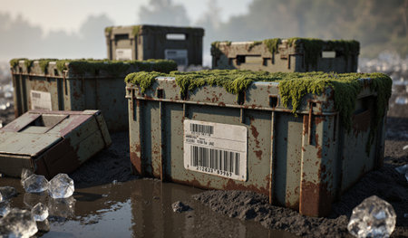 Crates with moss sit on wet ground, surrounded by crystals under soft, natural light in a quiet outdoor setting.の写真素材