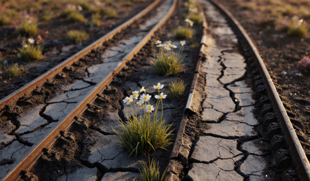 Wildflowers bloom amidst cracked earth and old railway tracks, showing nature's resilience in a forgotten place.の写真素材