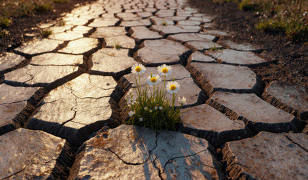 Daisies bloom in the cracks of dry earth as the sun sets, highlighting the contrast between life and arid ground.の写真素材