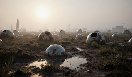 Empty shells scatter on the ground in the early morning light, creating an eerie and haunting atmosphere.の写真素材