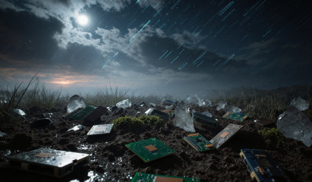 Circuit boards lie on damp ground, illuminated by moonlight and surrounded by glistening crystals during a rainstorm.の写真素材