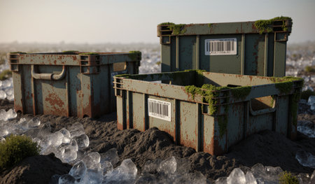 Weathered crates sit on cracked soil, surrounded by small patches of grass and scattered ice, showcasing nature's reclaiming.の写真素材
