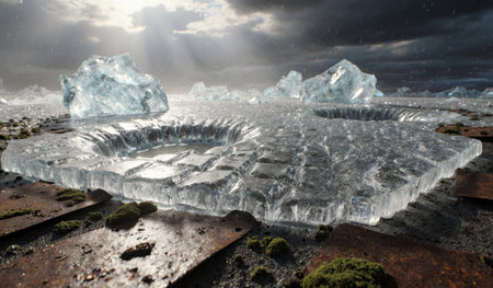 A striking scene features frozen ice formations, surrounded by dark clouds and rocky terrain,...